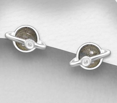 Şəkli böyütmək üçün tiklayın 925 Sterling Silver Saturn Push-Back Earrings, Decorated with CZ Simulated Diamonds and Labradorite