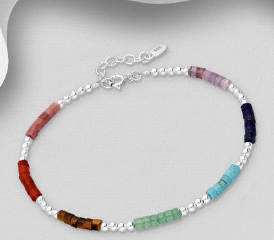 925 Sterling Silver Bracelet, Beaded with Gemstone Beads and Reconstructed Sky Blue Turquoise