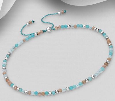 925 Sterling Silver Bracelet, Beaded with Amazonite, Rainbow Moonstone and Rhodonite