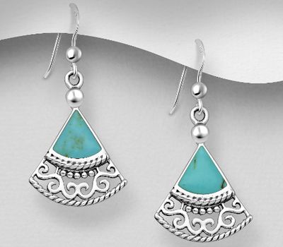Şəkli böyütmək üçün tiklayın 925 Sterling Silver Oxidized Spiral Hook Earrings, Decorated with Reconstructed Turquoise