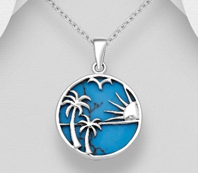 925 Sterling Silver Pendant, Featuring Coconut Tree, Sun and Bird, Decorated with Reconstructed Stone or Resin