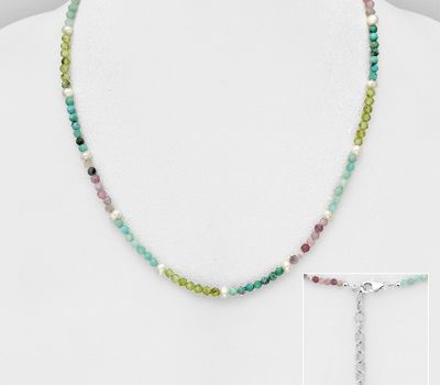 Şəkli böyütmək üçün tiklayın 925 Sterling Silver Necklace, Beaded with Amazonite, Amethyst, Freshwater Pearls, Peridot, Tourmaline and Turquoise