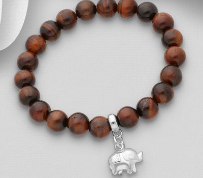 925 Sterling Silver Elephant Elastic Bracelet, Beaded with Various Gemstones