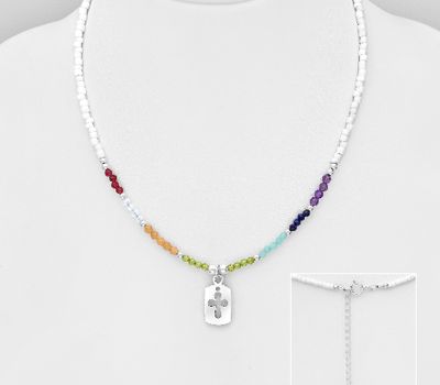 925 Sterling Silver Cross Necklace, Beaded with Amazonite, Amethyst, Garnet, Lapis Lazuli, Sandstone, Peridot, Moonstone and Seed Beads.