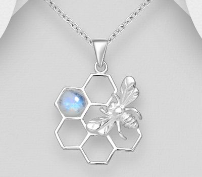 925 Sterling Silver Bee and Beehive Pendant, Decorated with Rainbow Moonstones