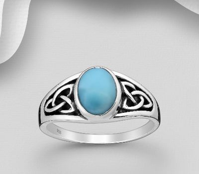 925 Sterling Silver Oxidized Celtic Ring, Decorated with Larimar