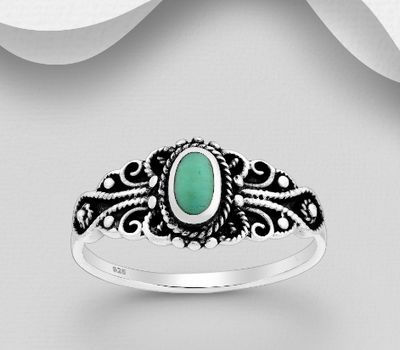 Şəkli böyütmək üçün tiklayın 925 Sterling Silver Oxidized Swirl Ring, Decorated with Reconstructed Turquoise