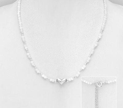 925 Sterling Silver Necklace, Featuring Ball and Heart, Beaded Moonstone