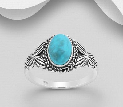 Şəkli böyütmək üçün tiklayın 925 Sterling Silver Oxidized Oval Ring, Decorated with Reconstructed Sky-Blue Turquoise or Various Gemstones