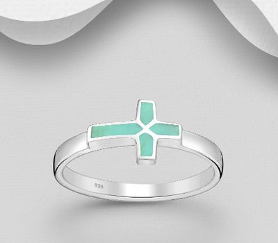 925 Sterling Silver Cross Ring, Decorated with Reconstructed Stone or Resin