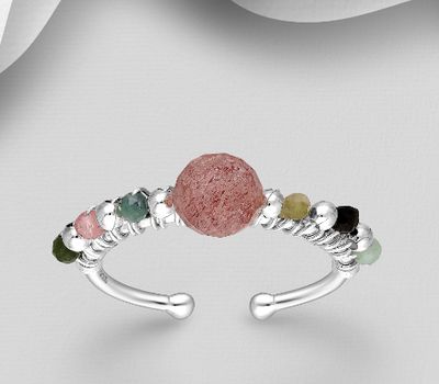 Şəkli böyütmək üçün tiklayın 925 Sterling Silver Adjustable Ring, Beaded with Gemstone Beads