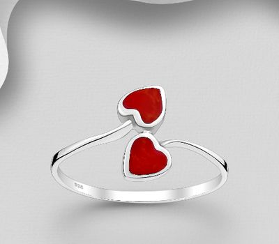 925 Sterling Silver Heart Ring, Decorated with Reconstructed Stone  or Various Colored Resins