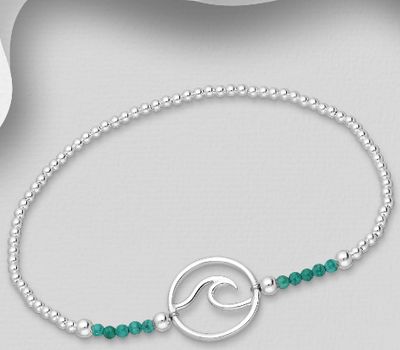 Şəkli böyütmək üçün tiklayın 925 Sterling Silver Wave Bracelet, Featuring Ball, Beaded with Gemstone Beads