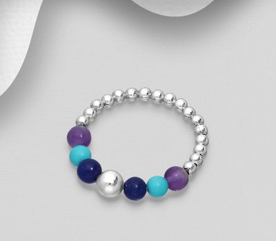 925 Sterling Silver Ball Ring, Beaded with Lapis Lazuli, Amethyst and Reconstructed Sky Blue Turquoise