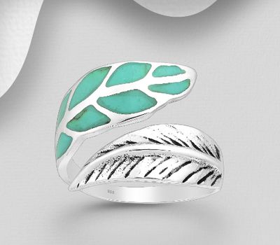 925 Sterling Silver Adjustable Leaf Band Ring, Decorated with Reconstructed Turquoise or Various Colored Resins