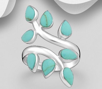 925 Sterling Silver Adjustable Leaf Ring, Decorated with Reconstructed Turquoise
