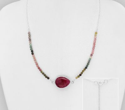 Şəkli böyütmək üçün tiklayın 925 Sterling Silver Pear-Shape Necklace, Decorated with Ruby and Tourmalines