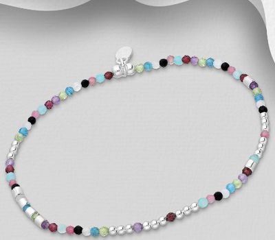 925 Sterling Silver Bracelet, Beaded with Amazonite, Amethyst, Black Agate, Blue Apatite, Garnet, Peridot, Pink Tourmaline and Rainbow Moonstone