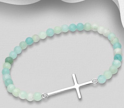 Şəkli böyütmək üçün tiklayın 925 Sterling Silver Cross Elastic Bracelet, Beaded with Various Gemstones