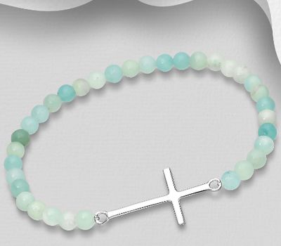 925 Sterling Silver Cross Elastic Bracelet, Beaded with Various Gemstones