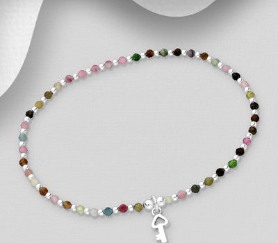 925 Sterling Silver Key Bracelet, Beaded with Tourmalines