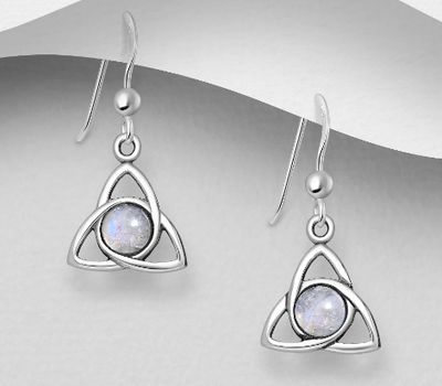 925 Sterling Silver Celtic Hook Earrings Decorated With Rainbow Moonstone