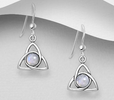 Şəkli böyütmək üçün tiklayın 925 Sterling Silver Celtic Hook Earrings Decorated With Rainbow Moonstone