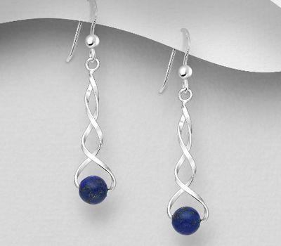 Şəkli böyütmək üçün tiklayın 925 Sterling Silver Spiral Hook Earrings, Decorated with Black Agate or Lapis Lazuli
