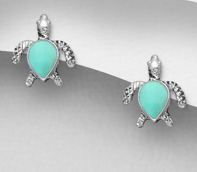 Şəkli böyütmək üçün tiklayın 925 Sterling Silver Oxidized Turtle Push-Back Earrings, Decorated with Resin