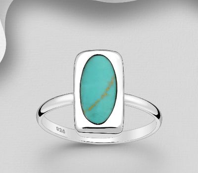 925 Sterling Silver Rectangle Ring, Decorated with Reconstructed Stone or Resin