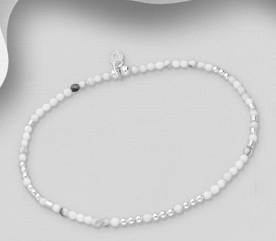 925 Sterling Silver Elastic Bracelet, Beaded with Howlite