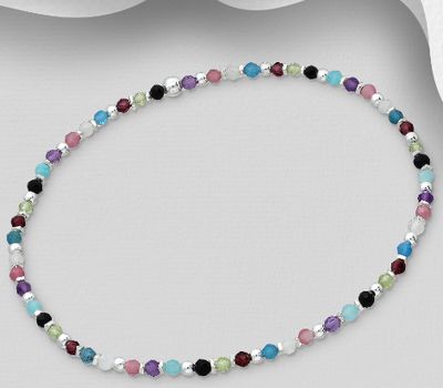 925 Sterling Silver Bracelet, Beaded with Amazonite, Amethyst, Black Agate, Blue Apatite, Garnet, Peridot, Pink Tourmaline and Rainbow Moonstone