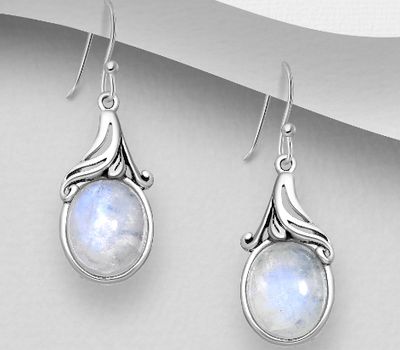 925 Sterling Silver Swirl Hook Earrings, Decorated with Rainbow Moonstone