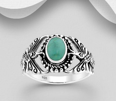 925 Sterling Silver Oxidized Butterfly Ring, Decorated with Reconstructed Turquoise