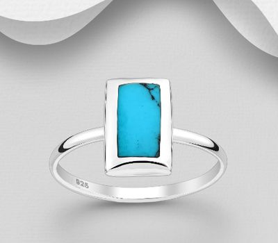 925 Sterling Silver Rectangle Ring, Decorated with Reconstructed Turquoise or Various Colored Resins