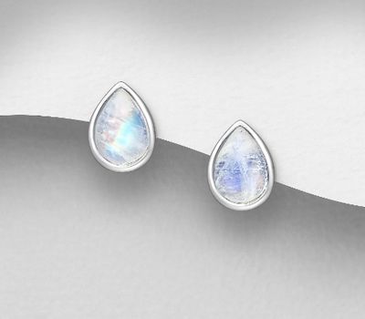 Şəkli böyütmək üçün tiklayın 925 Sterling Silver Droplet Push-Back Earrings, Decorated with Rainbow Moonstone