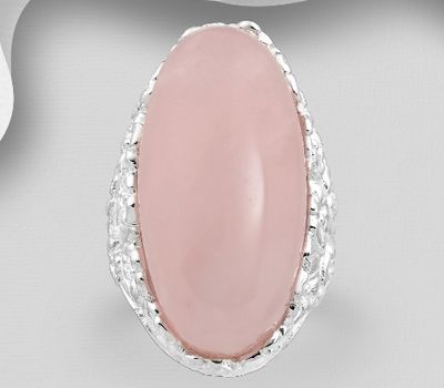 925 Sterling Silver Long Ring, Decorated with Rose Quartz