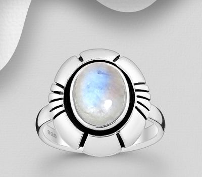 925 Sterling Silver Oxidized Ring, Decorated with Rainbow Moonstone