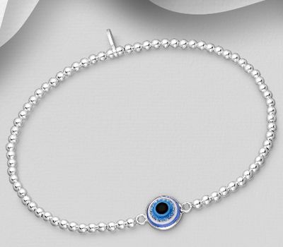 925 Sterling Silver Evil Eye Elastic Bracelet, Decorated with Resin