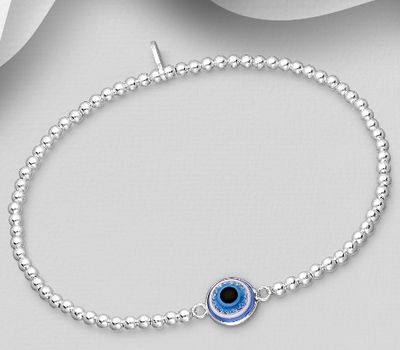 Şəkli böyütmək üçün tiklayın 925 Sterling Silver Evil Eye Elastic Bracelet, Decorated with Resin