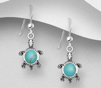925 Sterling Silver Turtle Hook Earrings, Decorated with Reconstructed Turquoise or VariousColored Resins