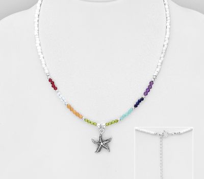 925 Sterling Silver Oxidized Starfish Necklace, Beaded with Amazonite, Amethyst, Garnet, Lapis Lazuli, Sandstone, Peridot, Moonstone and Seed Beads.