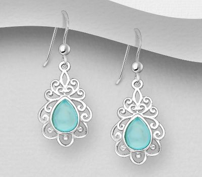 Şəkli böyütmək üçün tiklayın 925 Sterling Silver Swirl Hook Earrings, Decorated with Aqua Chalcedony