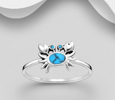 925 Sterling Silver Crab Ring, Decorated with Reconstructed Sky-Blue Turquoise