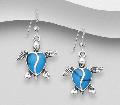 925 Sterling Silver Turtle Hook Earrings, Decorated with Reconstructed Turquoise or Various Colored Resins
