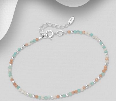 925 Sterling Silver Adjustable Bracelet, Beaded with Amazonite, Moonstone and Rhodonite