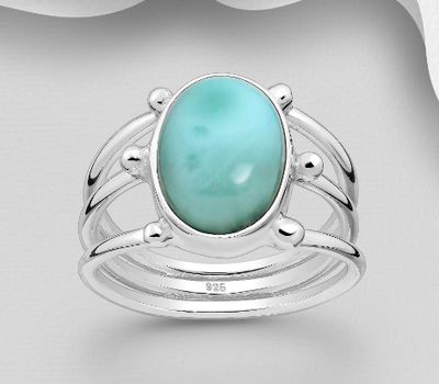 925 Sterling Silver Ring, Decorated with Larimar