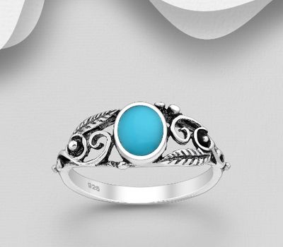 925 Sterling Silver Leaf Ring, Decorated with Reconstructed Turquoise and Various Colored Resins