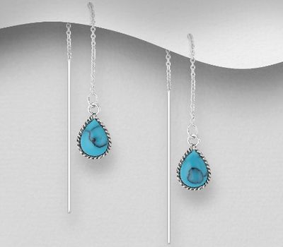 925 Sterling Silver Droplet Threader Earrings, Decorated with Reconstructed Turquoise or Resin