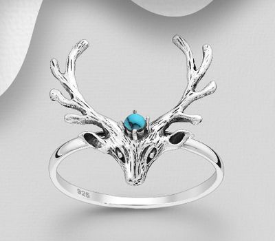 925 Sterling Silver Oxidized Reindeer Ring, Decorated with Reconstructed Turquoise